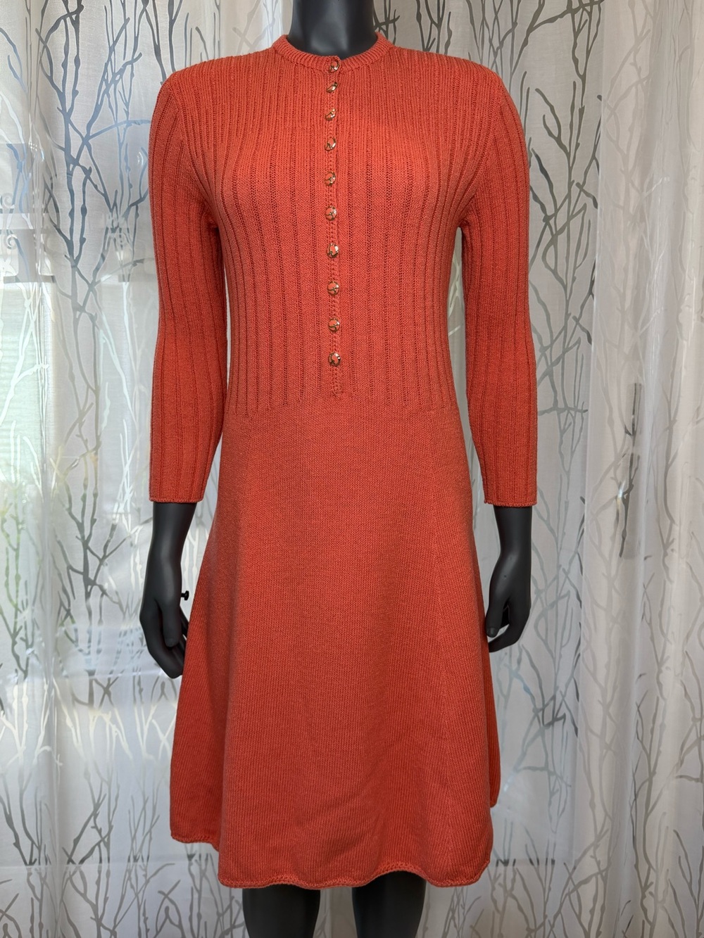 Vintage St. John Marie Gray Santana Knit Coral Ribbed Henley A-Line  Dress L/XL